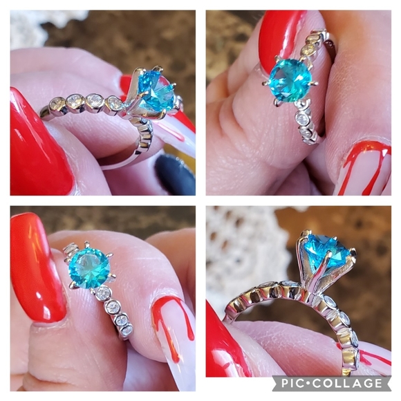 Genuine 2ct Blue Topaz & White Sapphire Ring Size 7.5